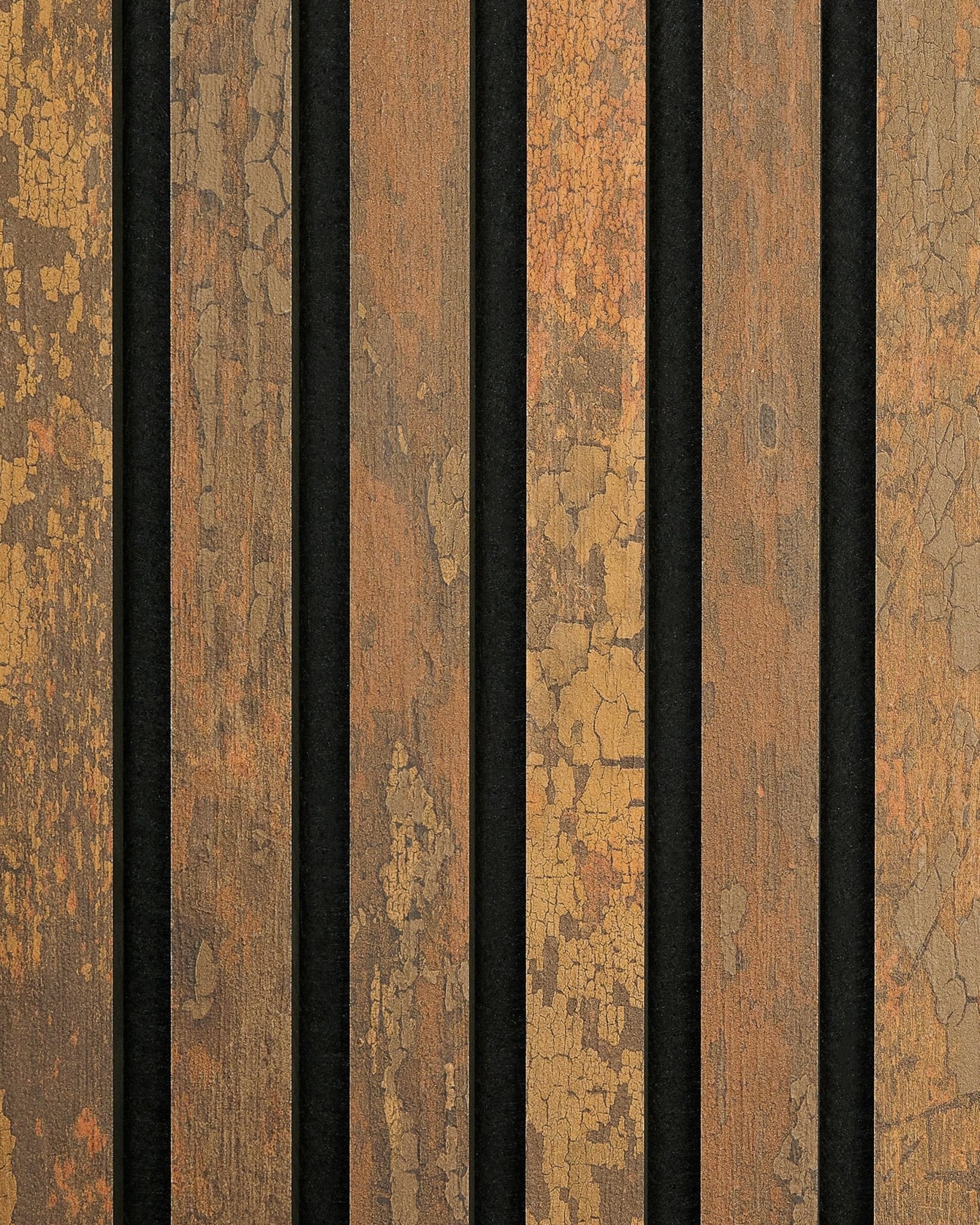 The Rebel | Échantillon / Copper Oxide par WoodUpp présente des lames de Panneau acoustique verticales brown au style rustique, avec un aspect patiné et vintage.