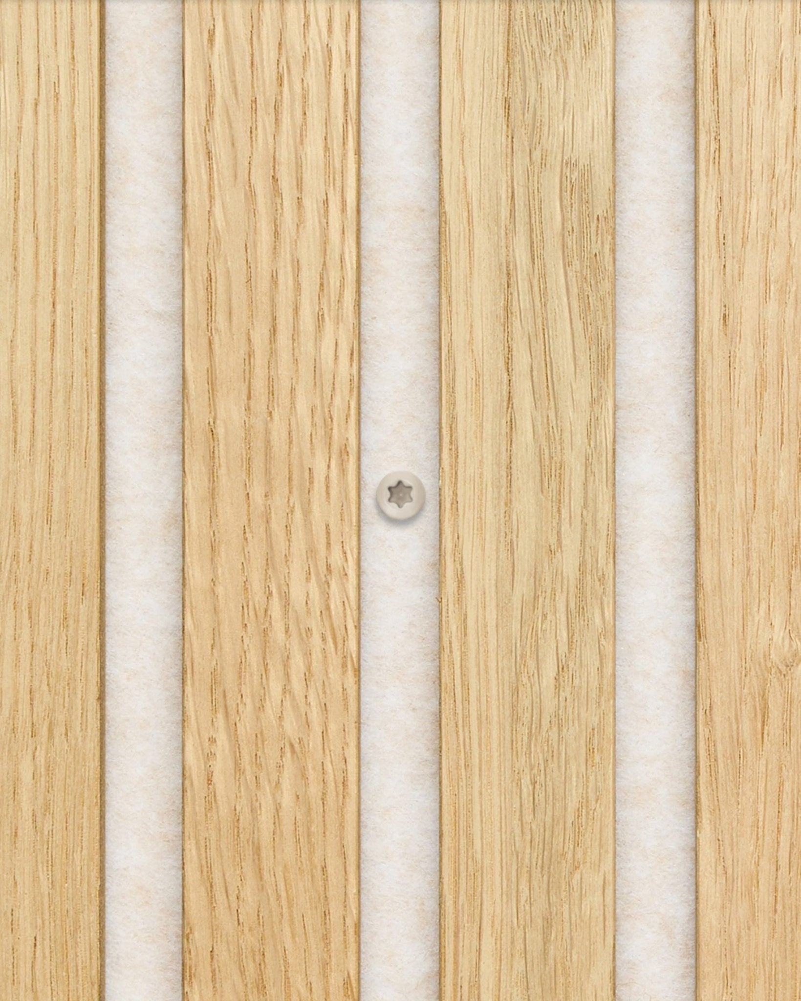 Les vis beige clair fixent le centre des lattes du panneau en chêne clair Panneau acoustique avec un veinage vertical. Le lot contient 100 pièces pour une installation sûre de Akupanel.
