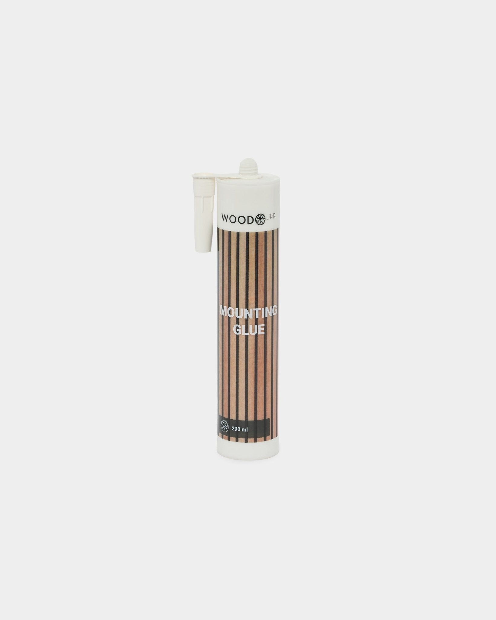 Tube de 290 ml de colle de montage WoodUpp avec une étiquette à rayures brown et une buse applicatrice, conçu pour une installation sûre des panneaux acoustiques Akupanel.