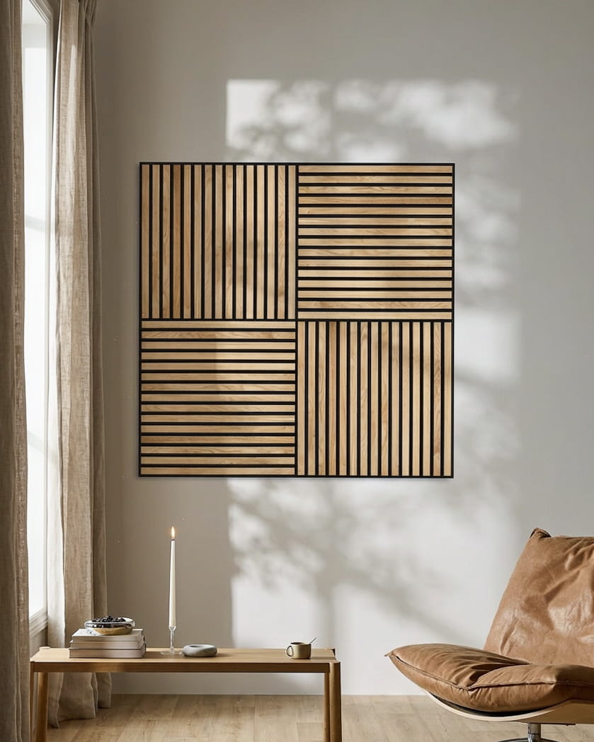 Salon moderne avec un fauteuil en cuir, une bougie allumée et WoodUpp Akupixel Panneau acoustique en Rustic Natural Oak, projetant des ombres géométriques sur le mur.