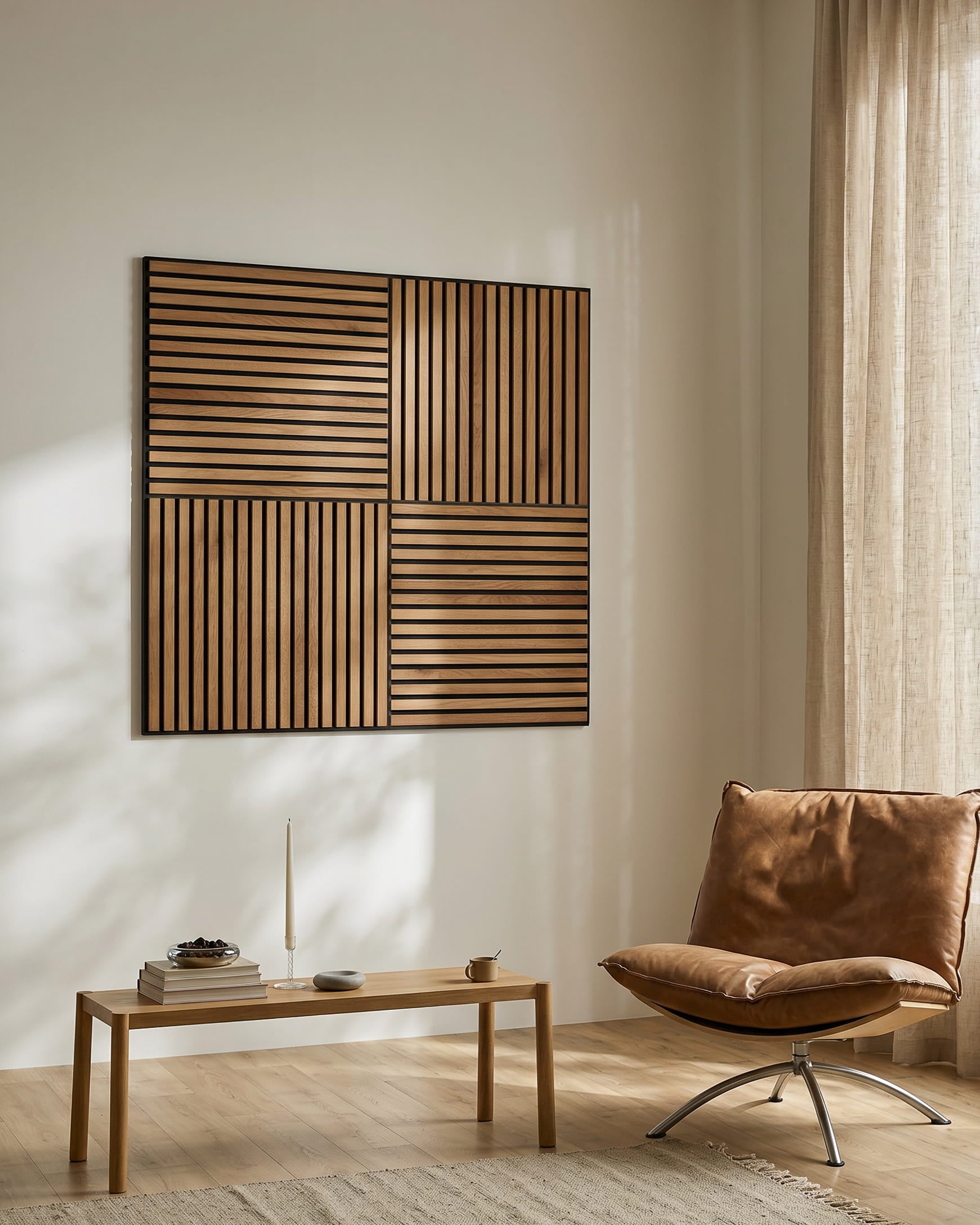 Salon minimaliste avec un fauteuil lounge brown, une table basse en bois et WoodUpp Akupixel Rustic Brown Oak Panneau acoustique au mur, baigné de lumière naturelle.