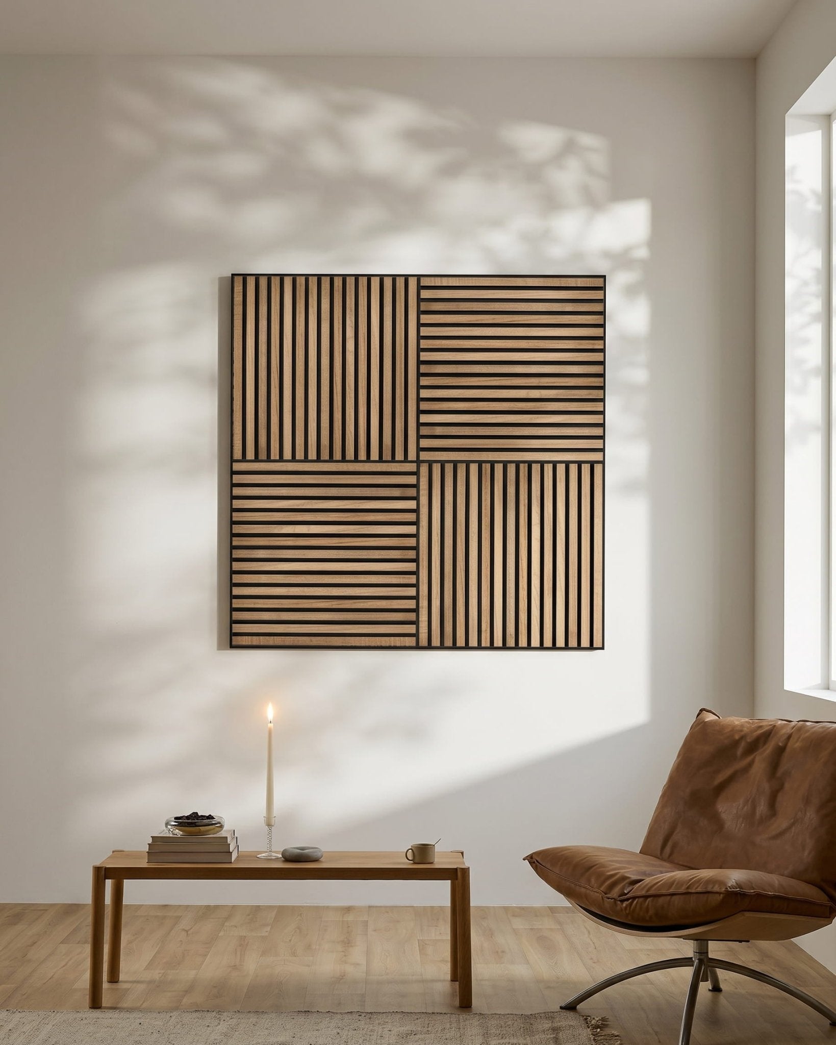 Pièce nordique minimaliste avec un WoodUpp Akupixel Walnut Panneau acoustique au mur, une bougie allumée sur une table basse, des livres et une chaise brown près d’une fenêtre.