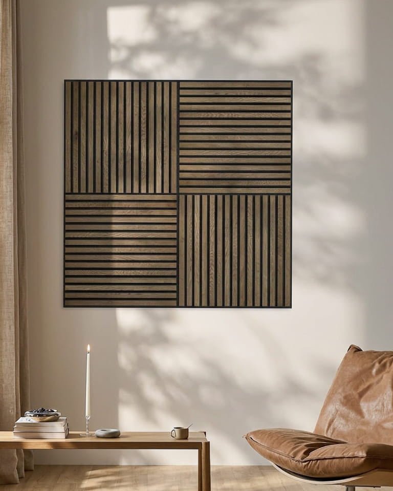 Intérieur minimaliste avec un fauteuil en cuir, une bougie et le Panneau acoustique WoodUpp Akupixel en grey oak rustique, projetant des ombres géométriques sur le mur.