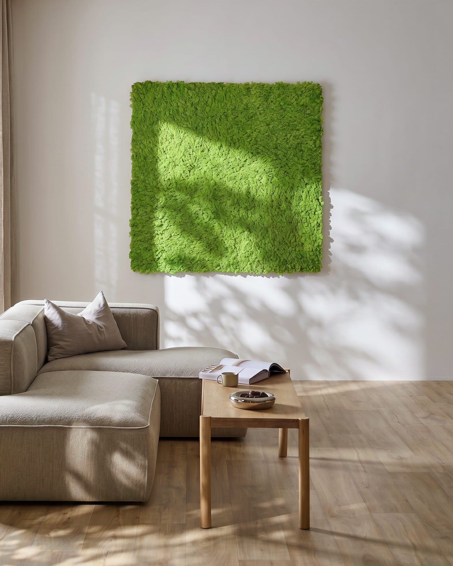 Salon moderne avec un canapé beige et WoodUpp Akupixel Panneau acoustique en Moss / Apple Green, 60x60cm, fixé au mur. La lumière du soleil projette des ombres à proximité.