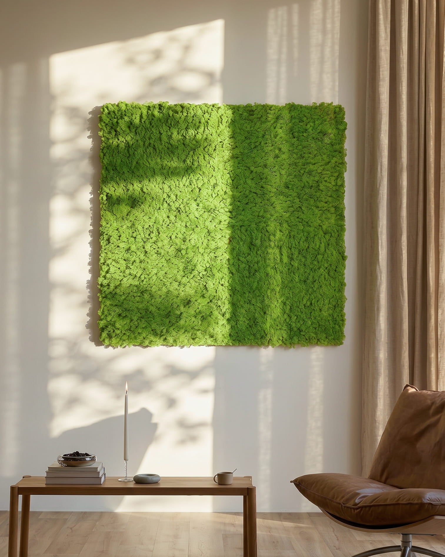 Akupixel Panneau acoustique en Moss / Apple Green, 60 x 60 cm par WoodUpp, fixé sur un mur ensoleillé au-dessus d'une table small et de rideaux beige.