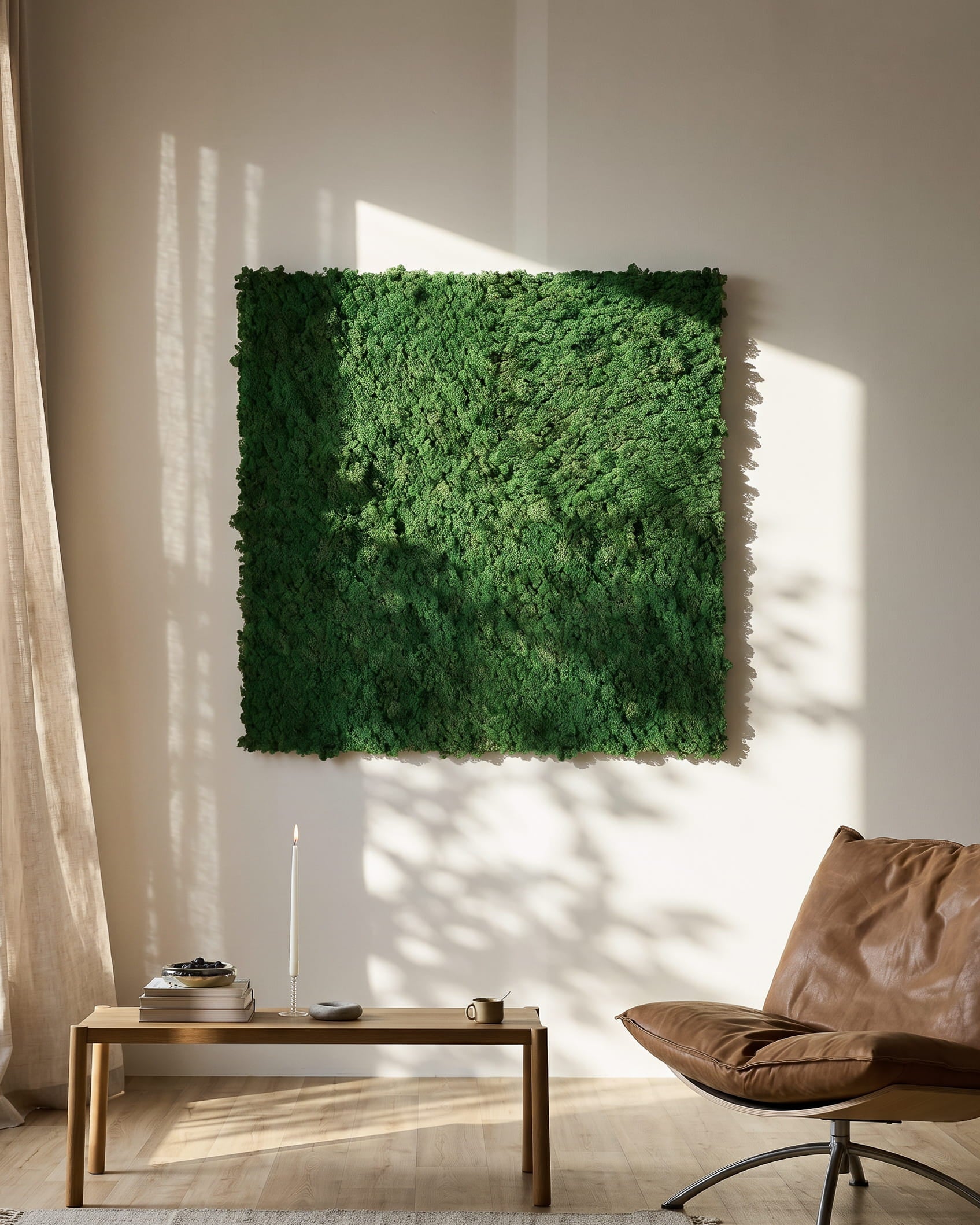 WoodUpp Akupixel Moss Green Panneau acoustique (60x60 cm) monté sur un mur beige au-dessus d’une table minimaliste et d’une chaise en cuir brown.