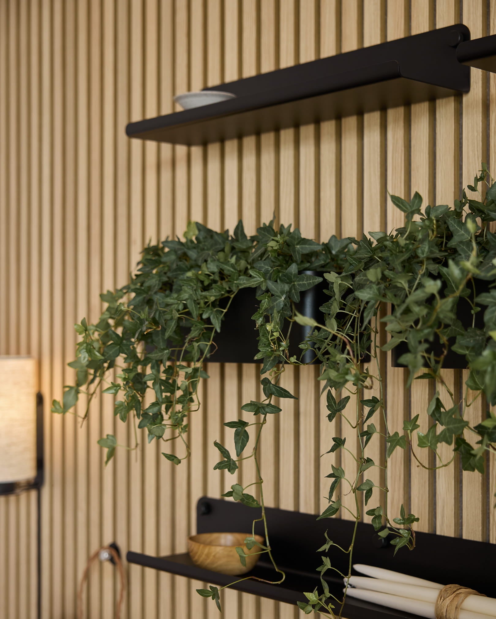 Le panneau mural acoustique à lattes en bois Vertical Akupanel présente des étagères black, une décoration minimaliste, de la verdure, et un black WoodUpp Norr Plant Box (35,9 cm).
