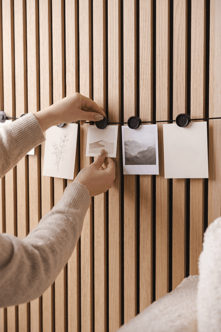 Une personne fixe des photos et des croquis au Vindar | Gallery String de WoodUpp à l’aide de clips en néodyme, sur un panneau acoustique à lattes de bois Nordic Akupanel.