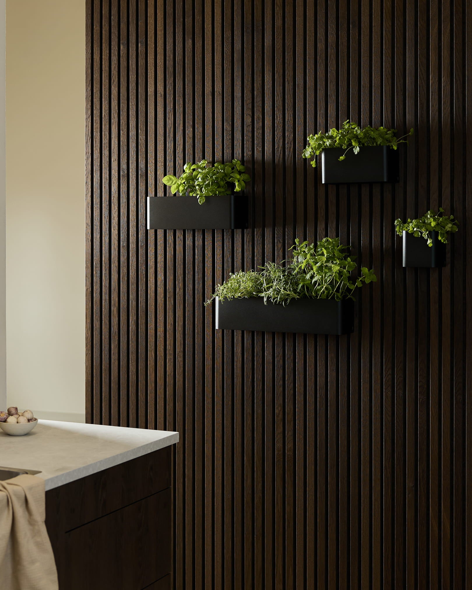 Des jardinières murales Black et un bac à plantes WoodUpp Norr avec des herbes vertes sur un panneau acoustique Akupanel en bois foncé dans une cuisine moderne.