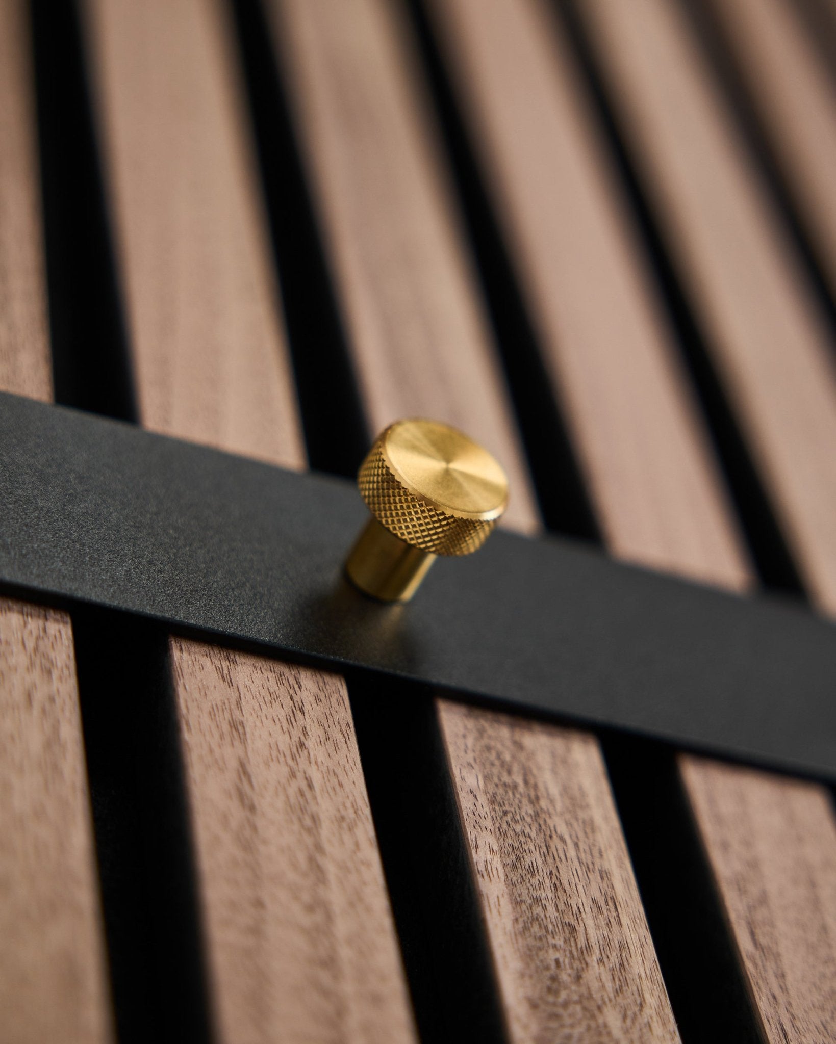 Die WoodUpp Norr Garderobenhakenleiste hat sieben black Haken mit brass Knöpfen, montiert auf einer brown Lamellenwand, gestaltet als nordisches Accessoire für Akupanel.