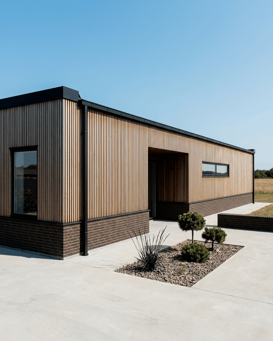 Einstöckiges Haus mit WoodUpp Aluwood Fassadenpaneelen aus Thermowood in brown, dunklem Ziegelsockel, large Fenstern und minimalistischer Gartengestaltung.