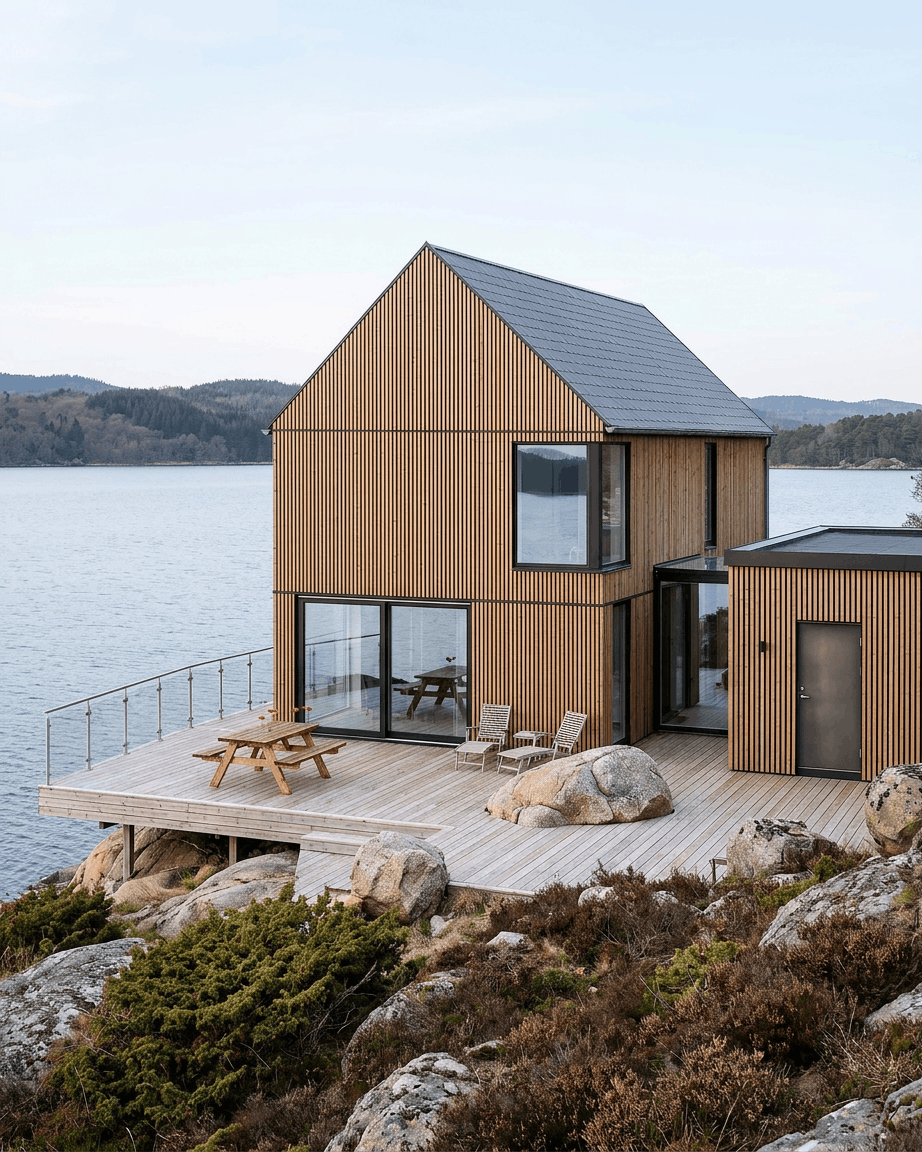 Maison moderne avec des panneaux de façade WoodUpp Aluwood en Thermowood Brown, avec une finition en pin nordique, sur une terrasse en bord de lac rocheux entourée de nature.