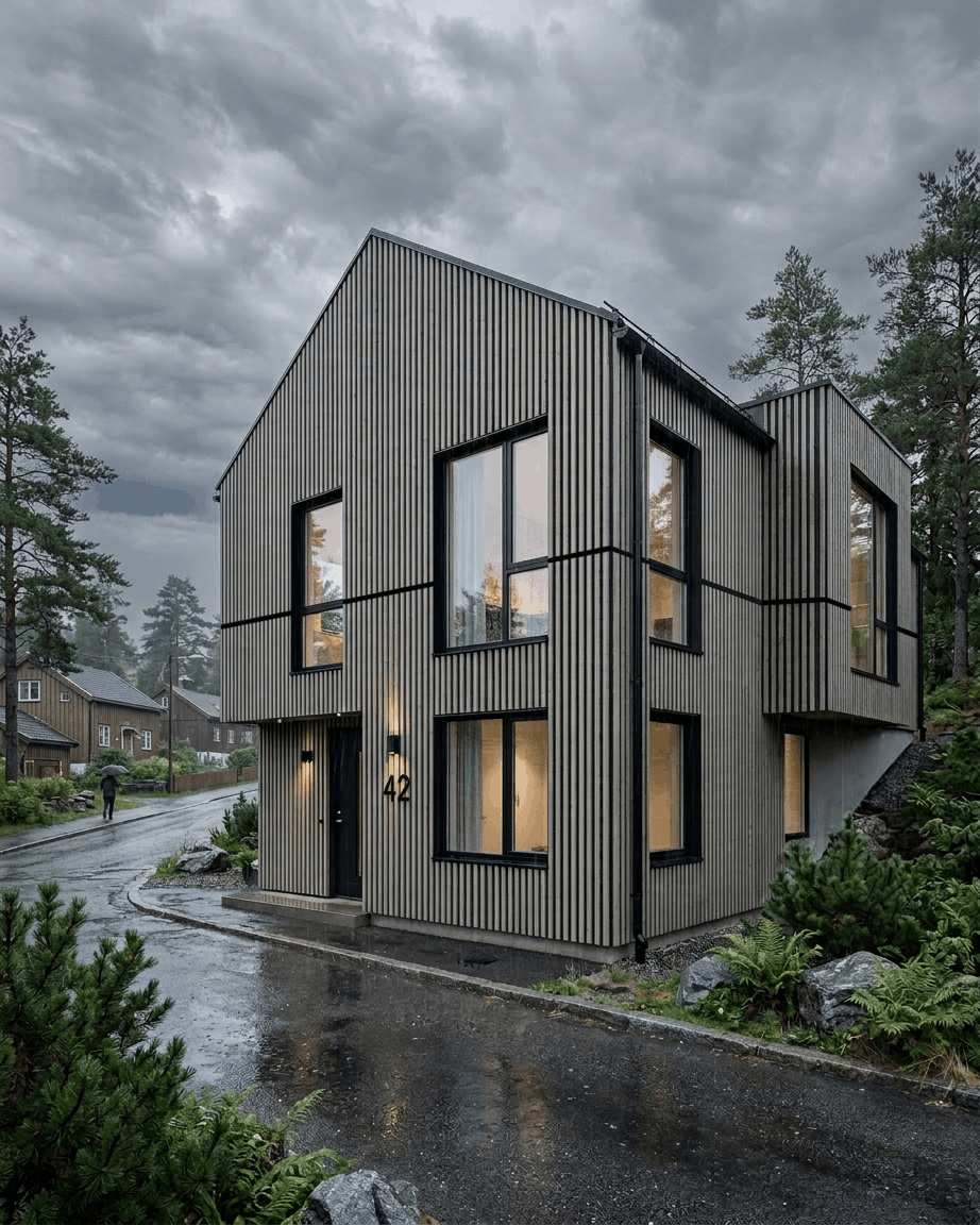 Maison moderne à deux étages avec de large fenêtres, habillée de panneaux de façade WoodUpp Aluwood Thermowood Grey, par temps de pluie, entourée d’arbres et de verdure.