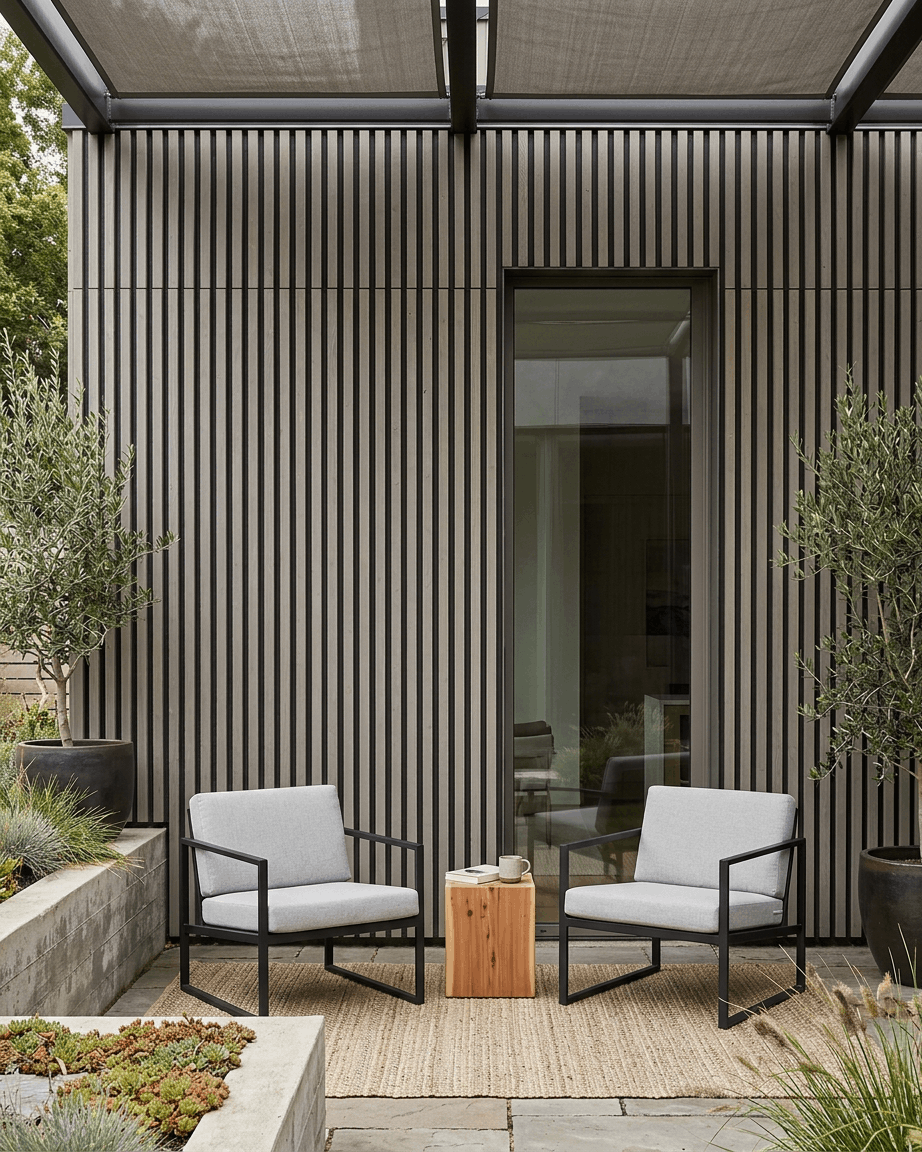 Deux fauteuils gris et une table sur une terrasse entourée de plantes luxuriantes, avec en arrière-plan des panneaux de façade WoodUpp Aluwood Outdoor Thermowood en grey.