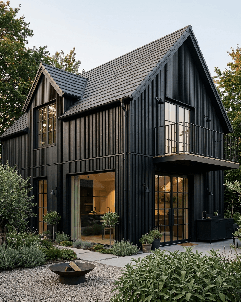 Maison noire dotée de panneaux de façade WoodUpp Aluwood Thermowood, de grandes baies vitrées, dun balcon, dune cuisine extérieure, dun jardin paysager, darbres et dun foyer extérieur à lavant.