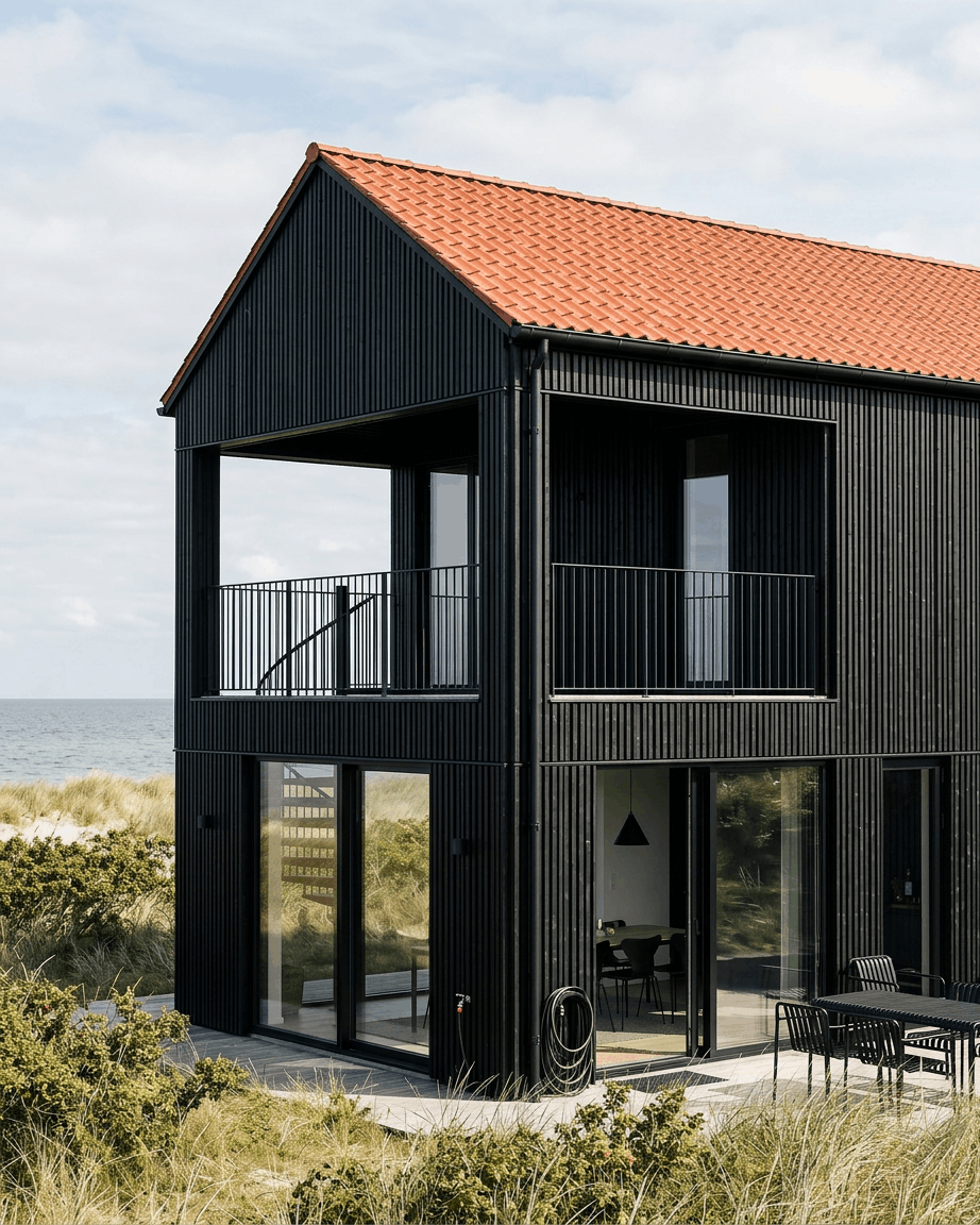 Maison moderne dotée de grandes baies vitrées, dun toit rouge et de panneaux de façade WoodUpp Aluwood Thermowood Black (240 x 45,1 cm), située près des dunes de la plage, avec la mer en arrière-plan.