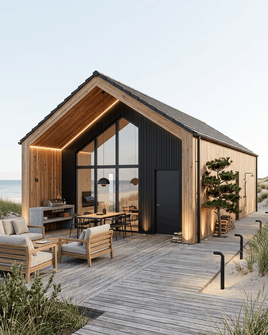 Maison de plage moderne avec de larges baies vitrées, un coin salon extérieur et des panneaux de façade WoodUpp Aluwood black, entourée de dunes de sable et d’oyats.
