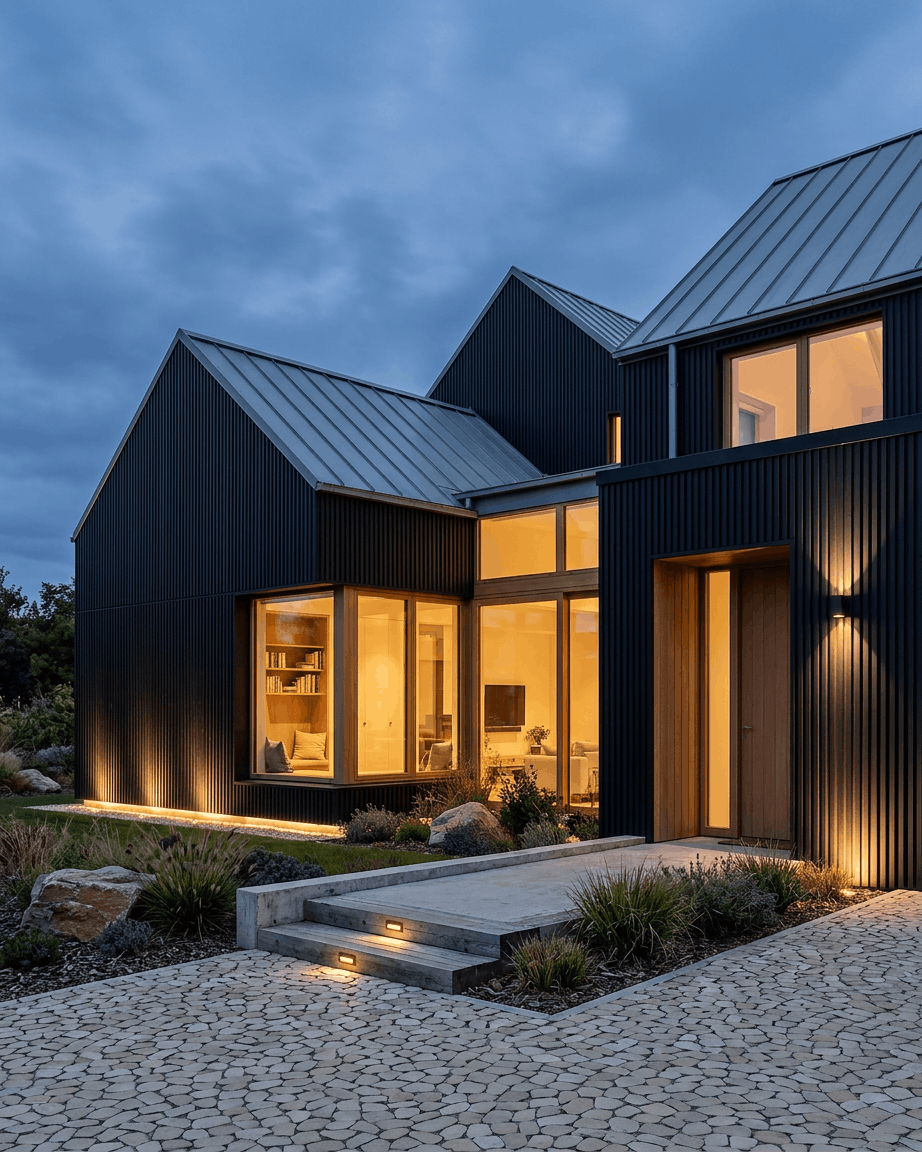 Maison moderne avec des panneaux de façade en aluminium recyclé noir WoodUpp Aluwood, de grandes fenêtres, un intérieur chaleureux à la tombée du jour, une allée en pierre et un jardin avant paysagé.