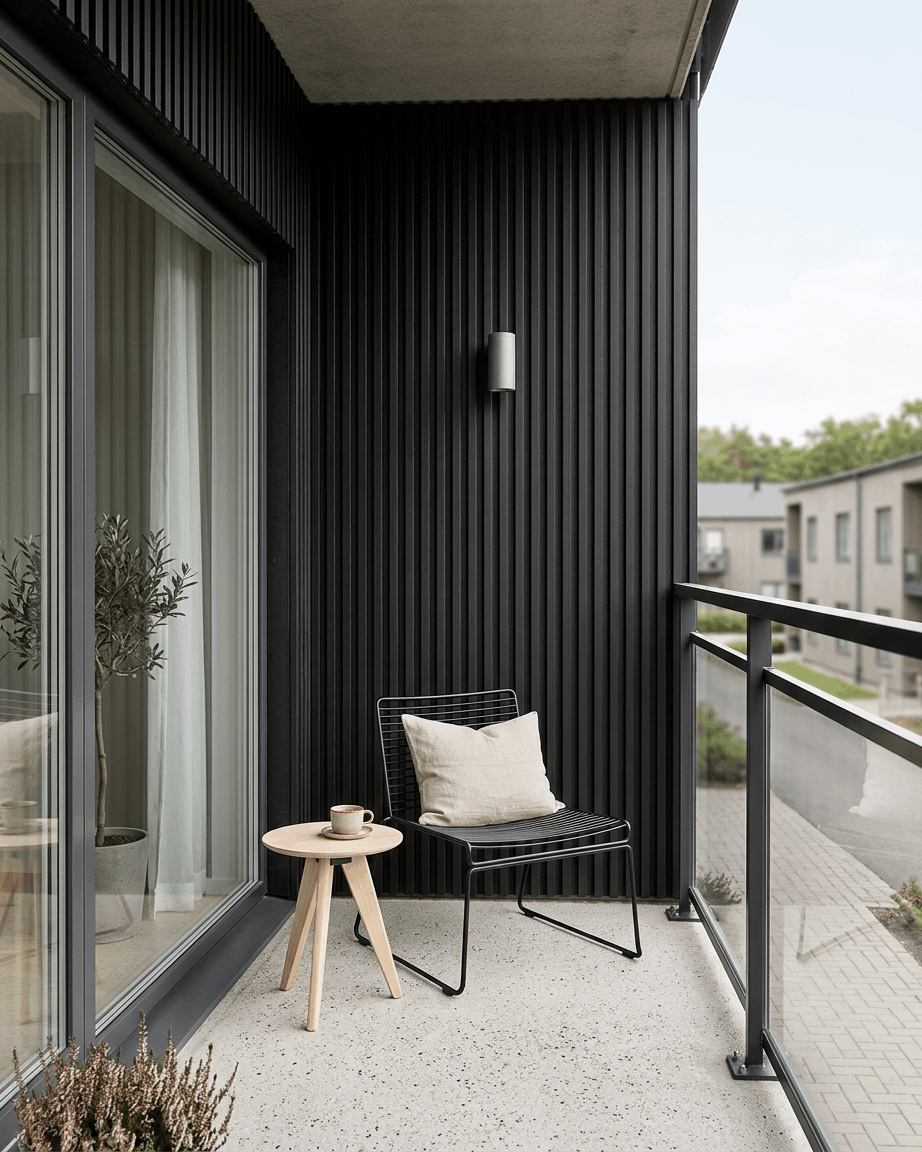 Balcon avec un panneau de façade Aluwood noir de WoodUpp, garde-corps en verre, chaise en fil métallique avec coussin, table ronde avec une tasse et plante en pot.