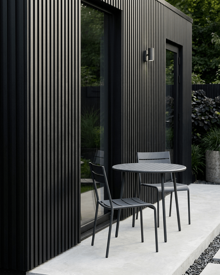 Table de patio en métal Black et deux chaises à côté d’un bâtiment habillé d’un panneau de façade extérieur WoodUpp Aluwood, black, dimensions 240 x 45,1 cm.