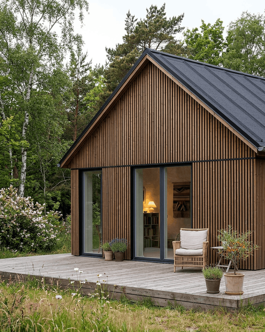 Cabane moderne avec des panneaux de façade extérieurs WoodUpp Aluwood en Thermowood brown huilé, de larges portes vitrées, une terrasse, des plantes en pot et une chaise d’extérieur au milieu des arbres.