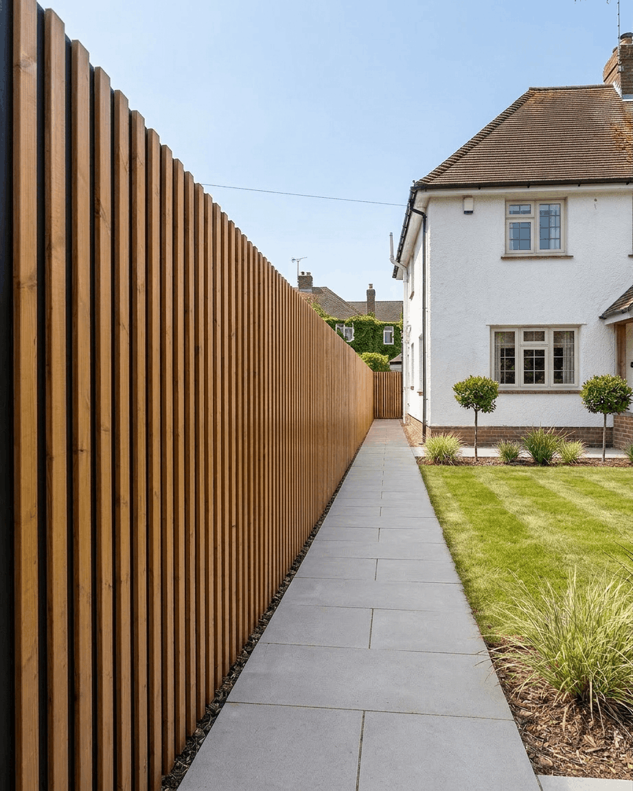 WoodUpp Aluwood Fassadenpaneele in geöltem brown Thermowood (240 x 45,1 cm) bilden einen Zaun entlang des Weges eines weißen Hauses mit Rasen und Büschen.