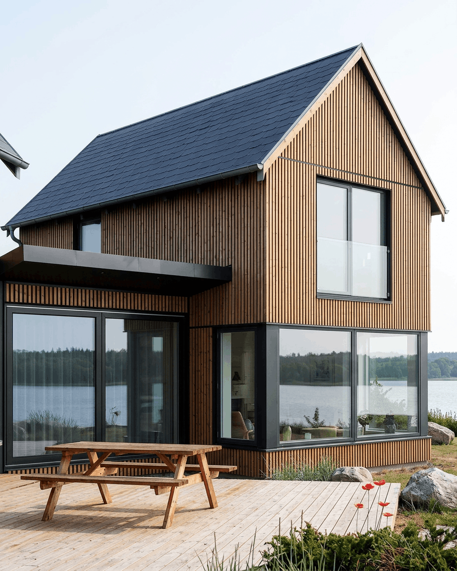 La maison au bord du lac, avec ses grandes fenêtres et son toit incliné, est revêtue à l’extérieur de panneaux de façade WoodUpp Aluwood en coloris Thermowood Oiled Brown.