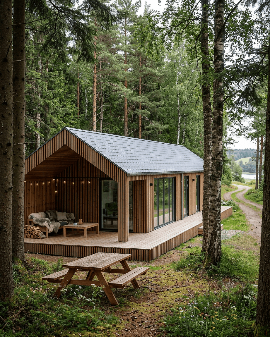 Une cabane moderne avec des panneaux de façade WoodUpp Aluwood Thermowood, de grandes fenêtres avec vue sur la forêt et une table de pique-nique au bord d’un lac.