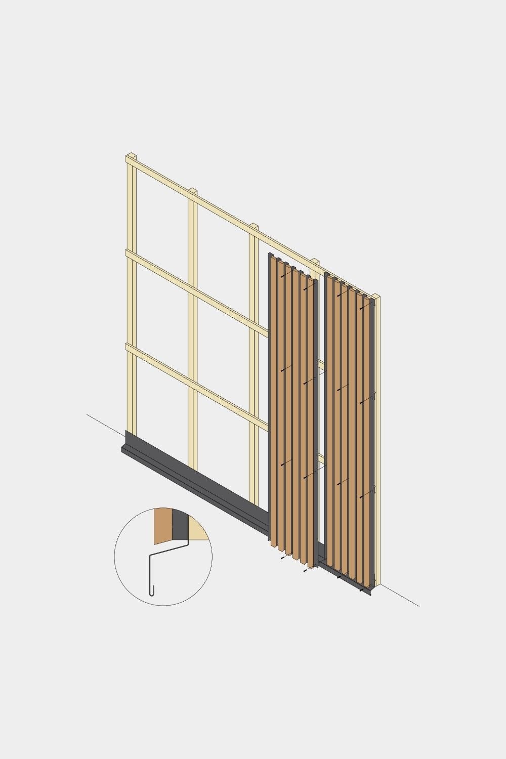 Dessin isométrique de l’installation du panneau de façade WoodUpp Aluwood, section inférieure de 240 cm, montrant les lattes en bois, la finition black et le détail de fixation des lattes.