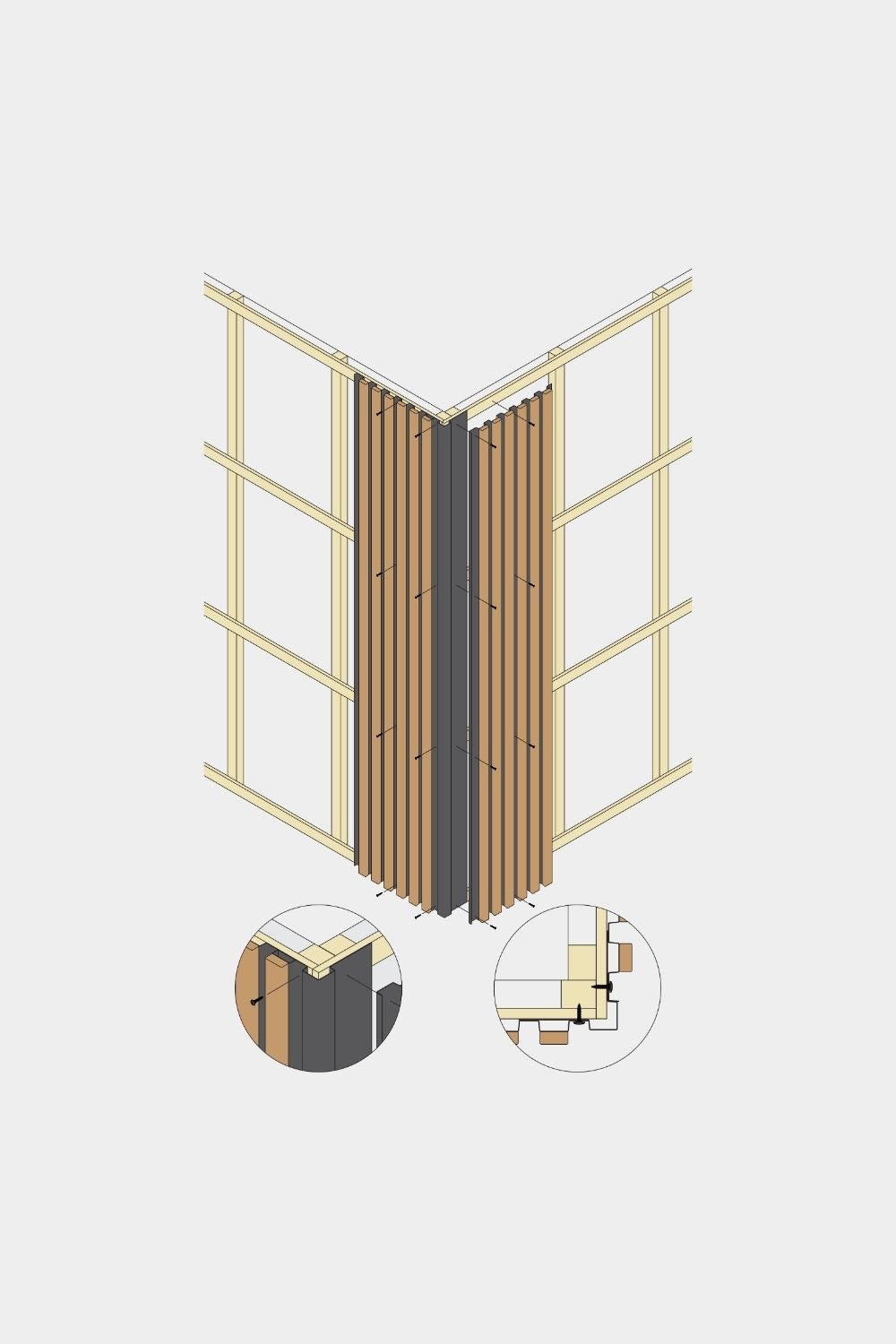 Dessin isométrique d’un panneau de façade WoodUpp Aluwood avec coin extérieur 240 cm, montrant en détail la structure de support et le profilé d’angle en aluminium.