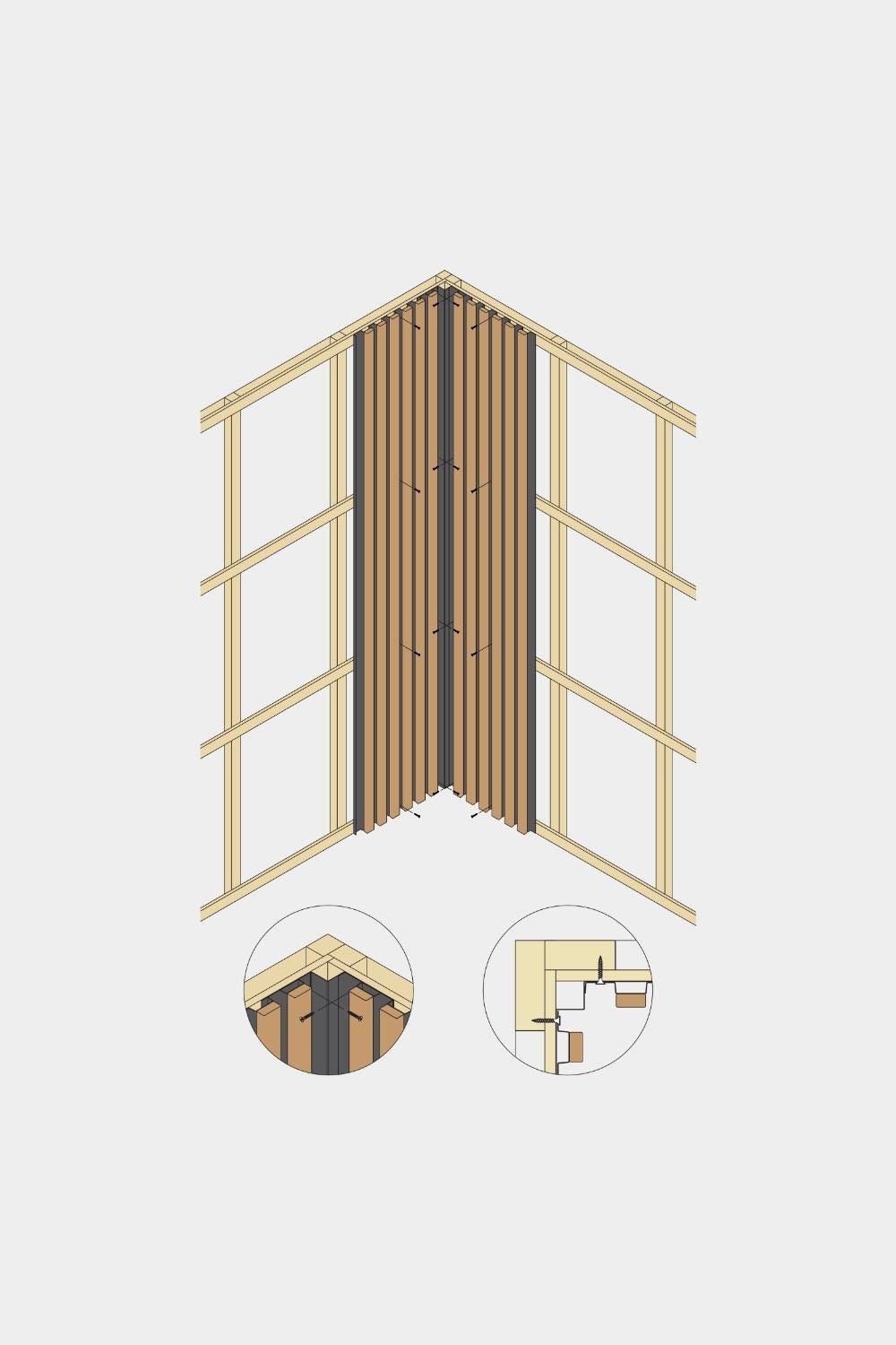 Schéma isométrique du panneau de façade WoodUpp Aluwood Inside Corner, 240 cm, montrant des lattes en bois avec un profilé en aluminium dans deux vues détaillées en gros plan.