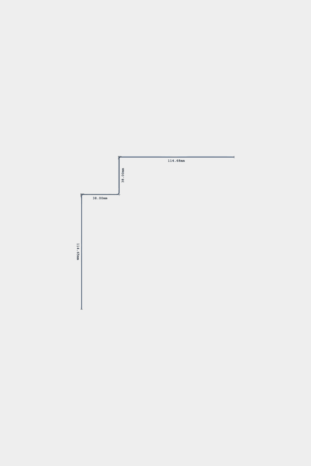 Dessin au trait du produit d’installation WoodUpp Aluwood Inside Corner, 240 cm, pour panneaux de façade, avec dimensions 114.45 mm, 74.44 mm, 28.96 mm sur fond blanc.