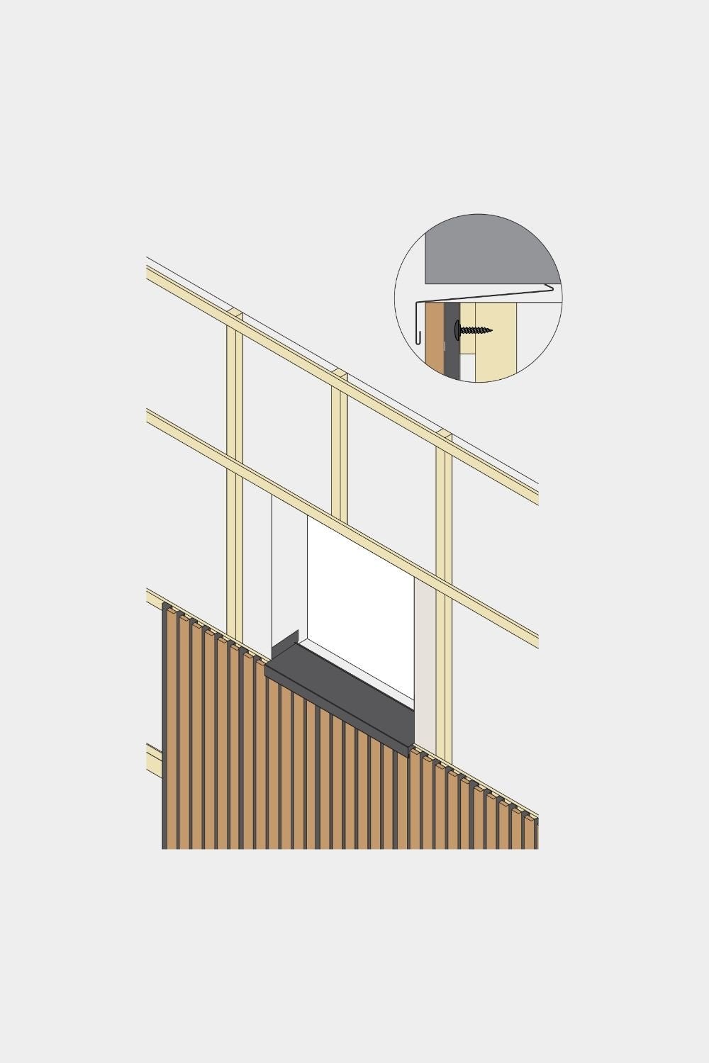 Schéma d’un appui de fenêtre de panneau de façade WoodUpp Aluwood (240 cm), montrant la prévention des infiltrations d’eau au niveau du profilé en aluminium avec fixation par vis.