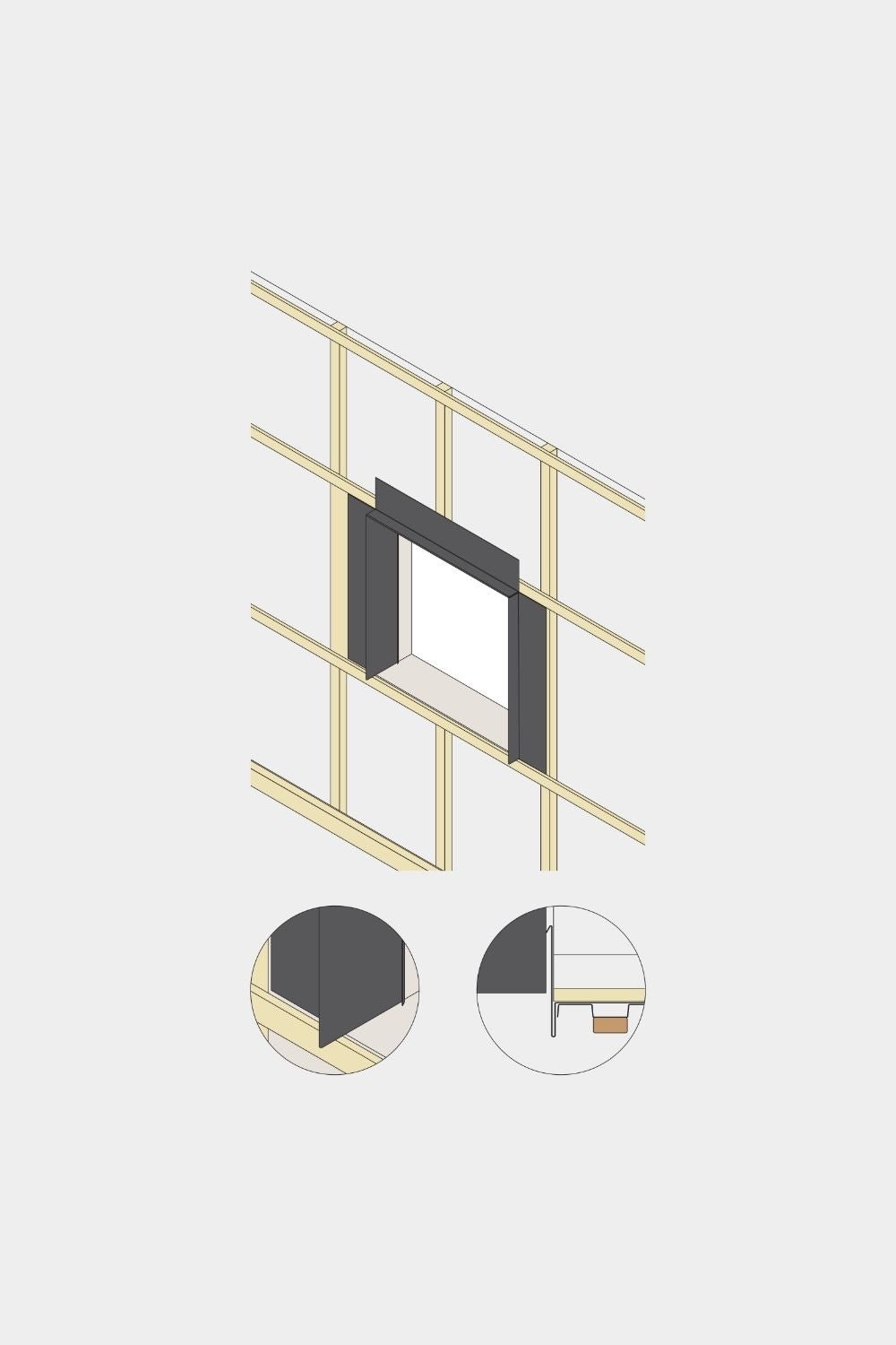 Dessin isométrique d’un mur avec ouverture de fenêtre, présentant les finitions du panneau de façade Aluwood (black thermolaqué) et des vues de détail de l’installation du profilé de bord en aluminium WoodUpp.
