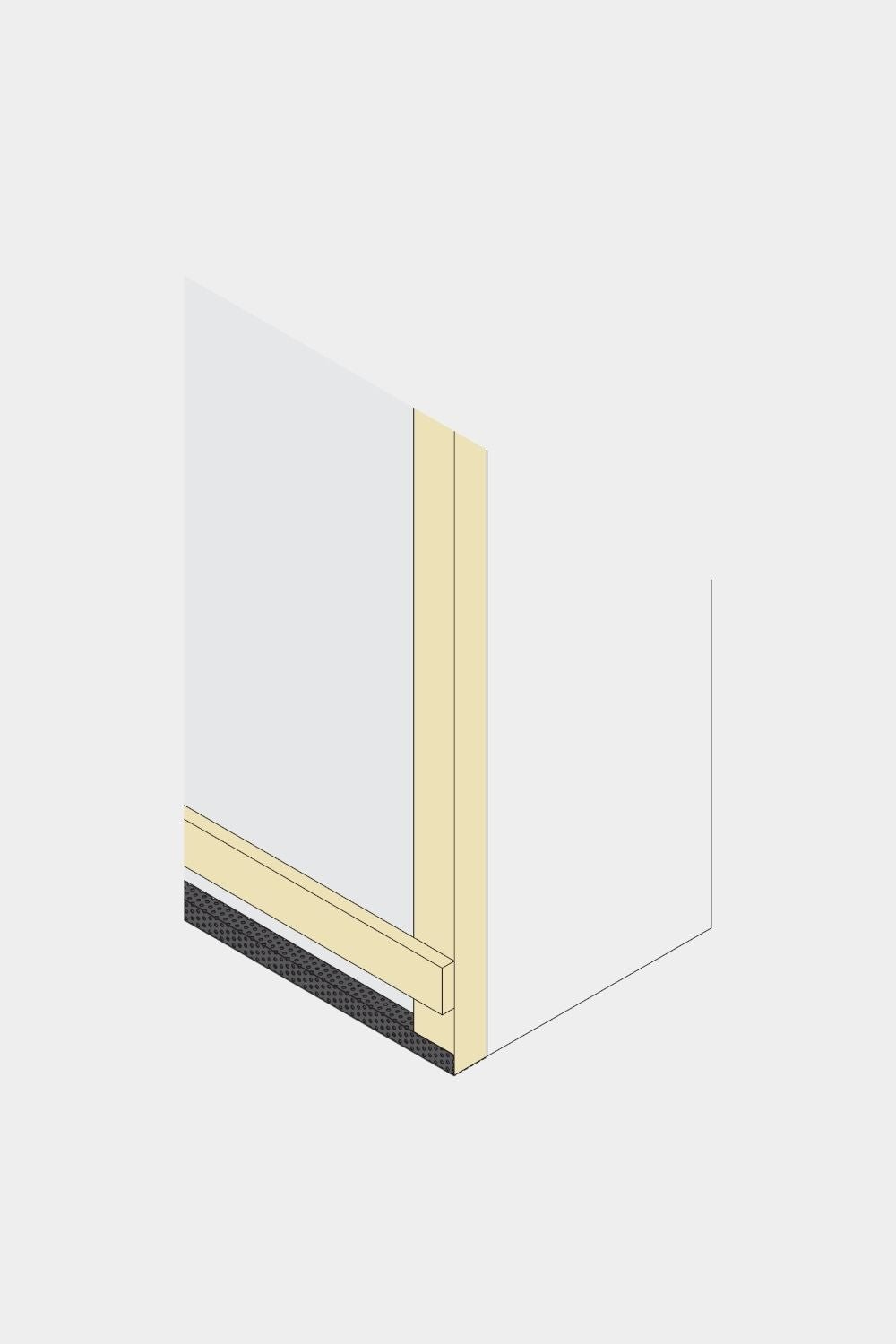 Schéma isométrique d’un angle de mur avec panneau de façade WoodUpp Aluwood et grille anti-insectes, 240 cm, montrant les montants, la plaque de base black et la lame d’air ventilée.