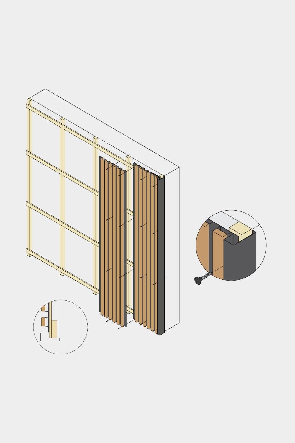 Schéma isométrique de l’angle de finition WoodUpp Aluwood pour panneau de façade, 240 cm, avec des lattes en bois vertical, une finition thermolaquée et un profilé d’extrémité en aluminium.