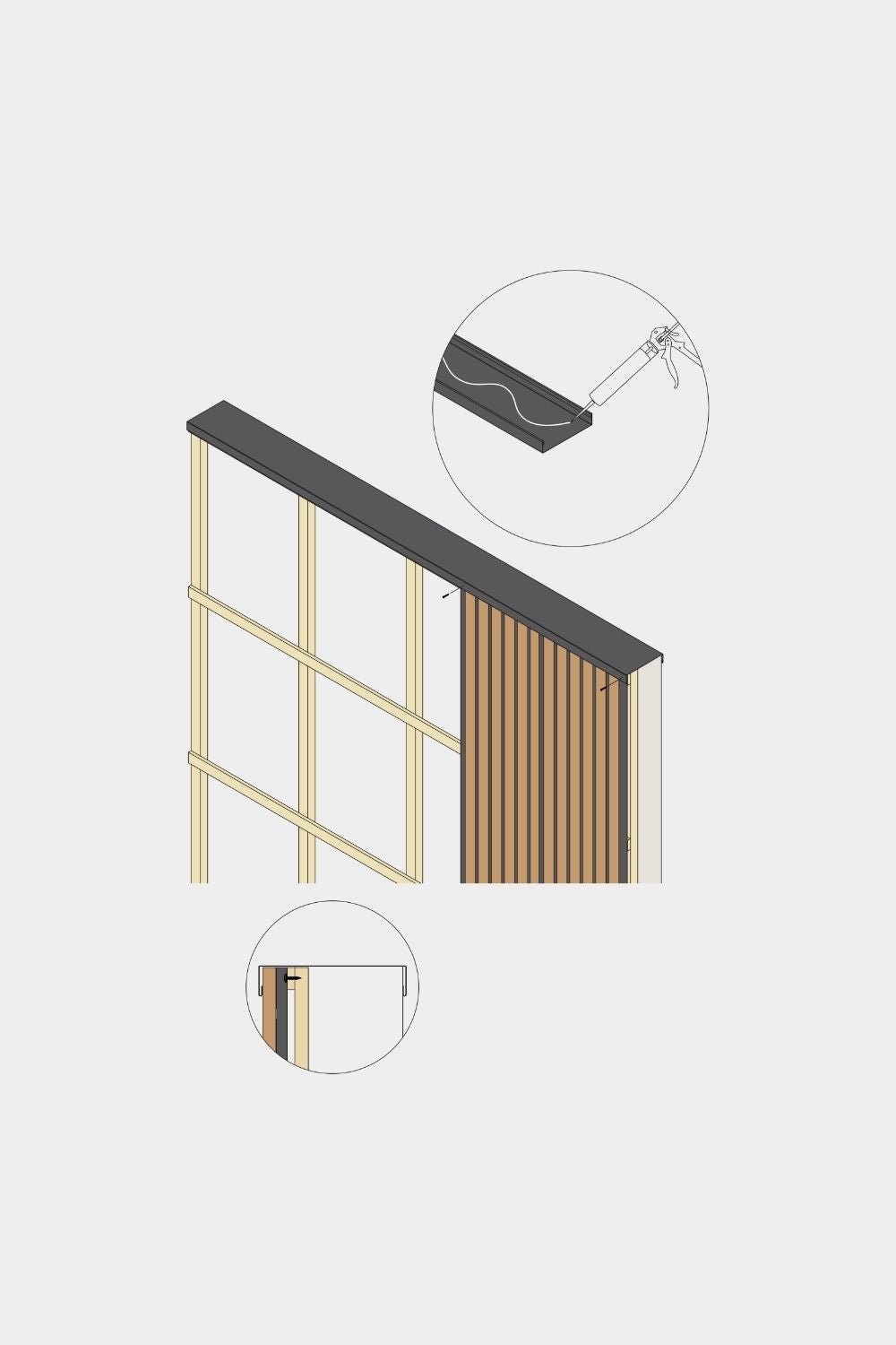 Dessin isométrique du couronnement mural pour panneau de façade WoodUpp Aluwood, 240 cm x 25 cm, avec lattes en bois, profilé en aluminium et deux encarts détaillés en gros plan.