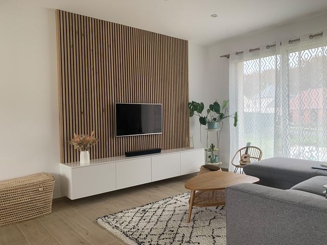 Modern living room with TV mounted on Akupanel acoustic wood slat wall, indoor plants, gray sofa, patterned rug, and sunlight through sheer curtains.