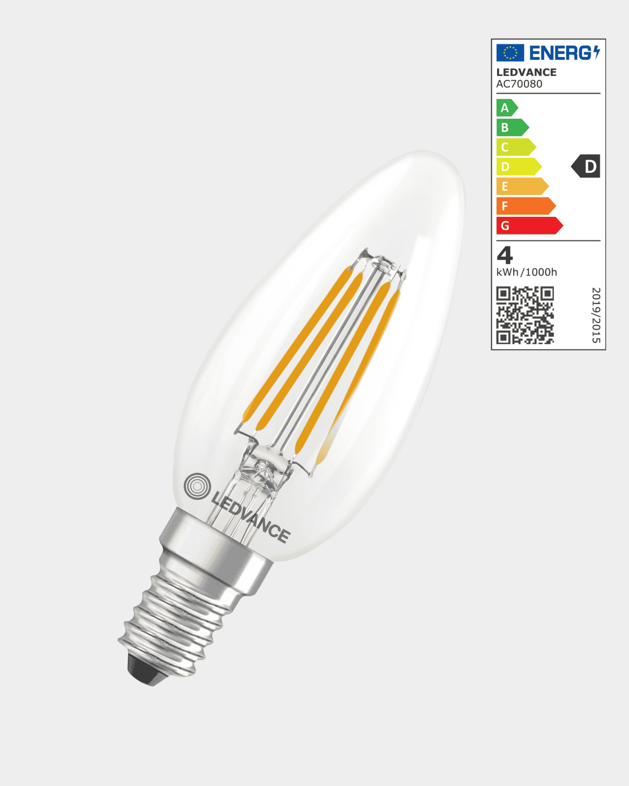 Ampoule WoodUpp E14 de 3,4 W, de type « bougie », avec filaments visibles, dun flux lumineux de 470 lumens et portant létiquette énergétique « D » indiquée dans le coin supérieur droit.