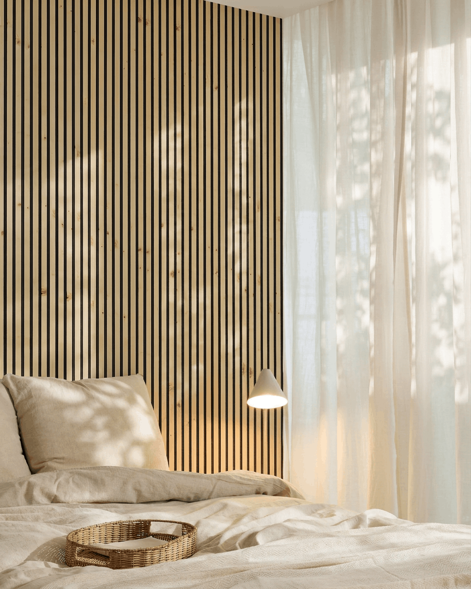 Chambre à coucher de style scandinave avec un mur en WoodUpp Akupanel, une parure de lit beige, un plateau tressé, une suspension et la lumière du soleil filtrant à travers des rideaux vaporeux.