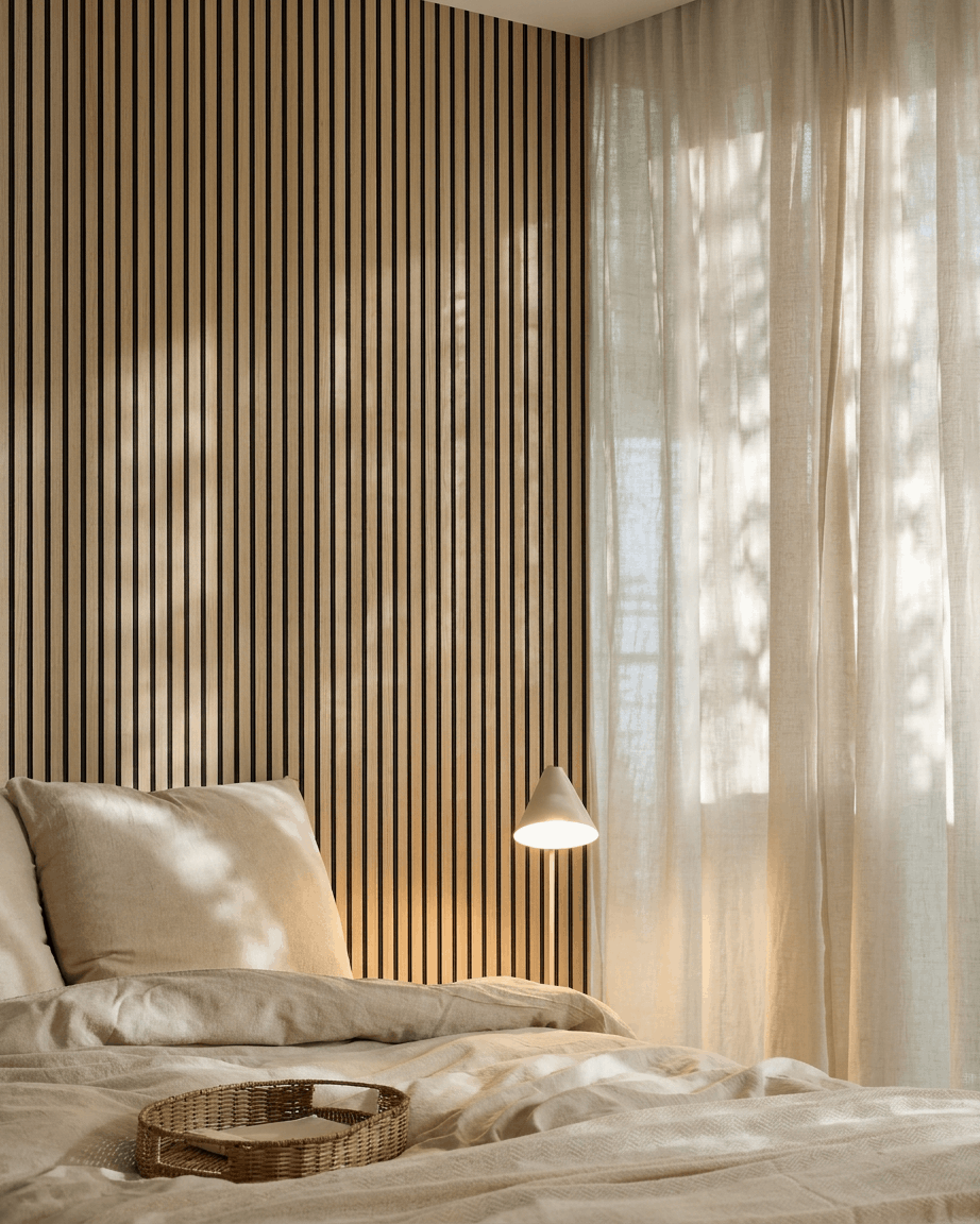 Modernes skandinavisches Schlafzimmer mit einem WoodUpp Akupanel Akustikholzpaneel in Classic Oak an der Wand, neutraler Bettwäsche, transparenten Vorhängen und weicher Beleuchtung.
