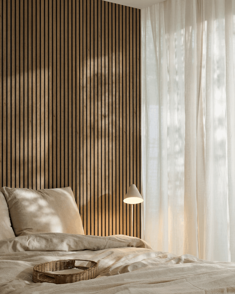 Chambre minimaliste avec un mur d’accent en panneau acoustique à lattes WoodUpp Akupanel (chêne anglais, feutre Black), une literie beige, un plateau tressé, une applique murale et des rideaux voilés.