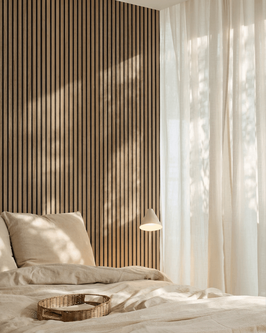 Chambre minimaliste avec du linge de lit beige, des rideaux voilages, une suspension et un mur d’accent en panneaux acoustiques à lattes de bois WoodUpp Akupanel (noyer anglais) derrière le lit.