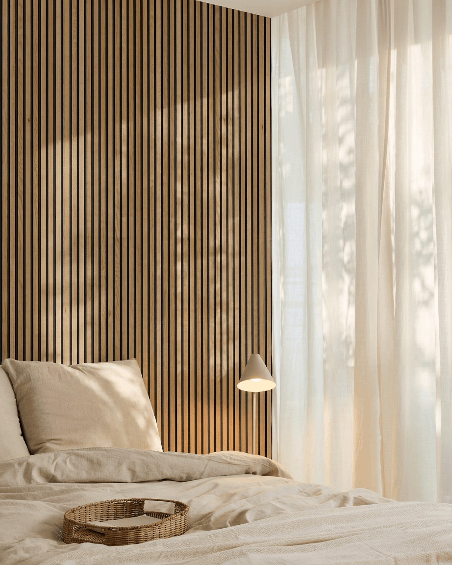 Chambre nordique minimaliste avec WoodUpp Akupanel Panneau acoustique en chêne Rustic Brown sur le mur, du linge de lit beige, un plateau en rotin sur le lit et des rideaux légers.