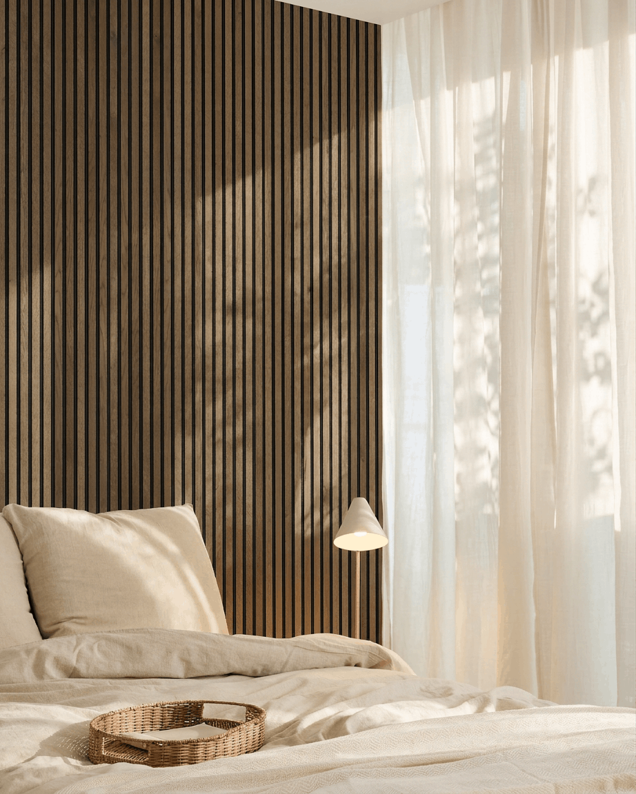 Chambre scandinave minimaliste avec un mur d’accent WoodUpp Akupanel Natural Wood Panneau acoustique, linge de lit beige, plateau en osier et voilages.