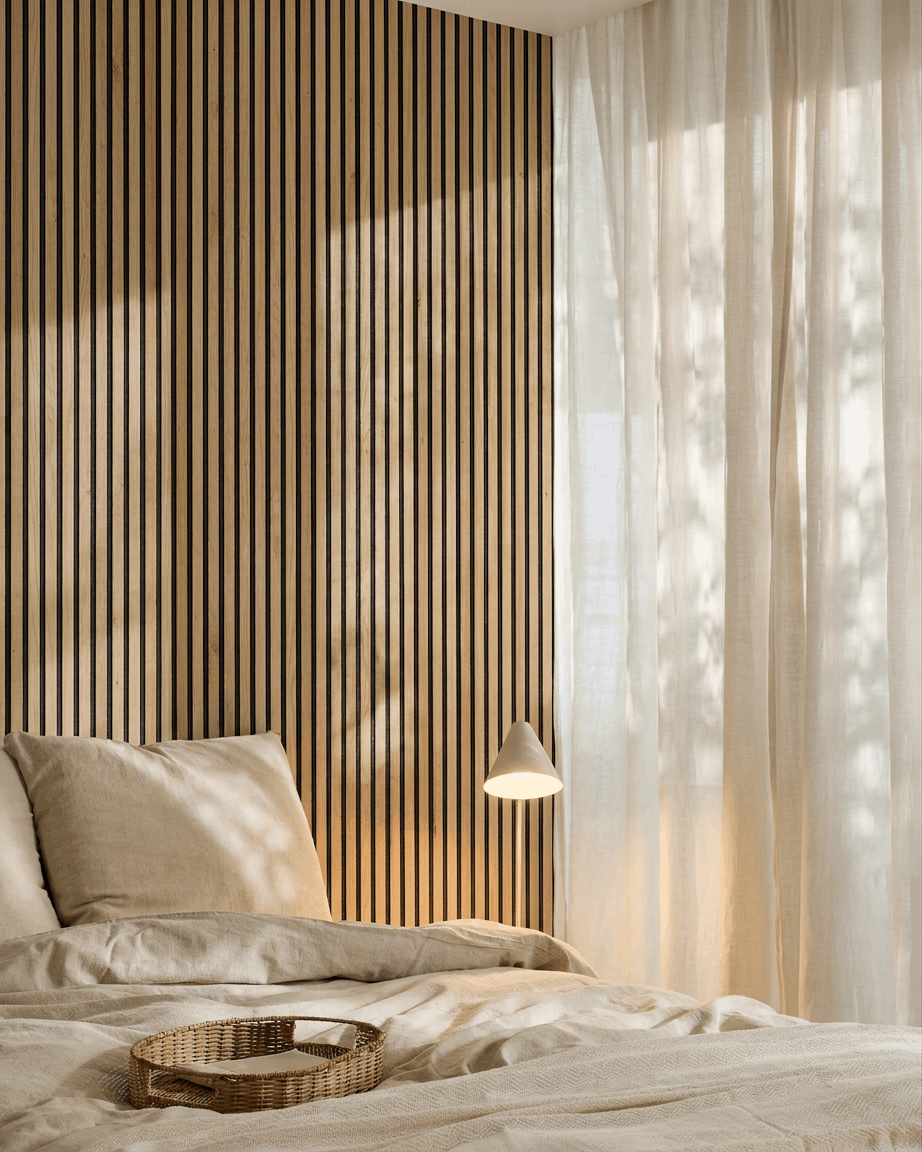 Chambre à coucher scandinave minimaliste avec une parure de lit beige, un panneau mural acoustique à lattes « Akupanel Natural Oak » de WoodUpp, un plateau en osier posé sur le lit et des rideaux vaporeux qui filtrent la lumière.