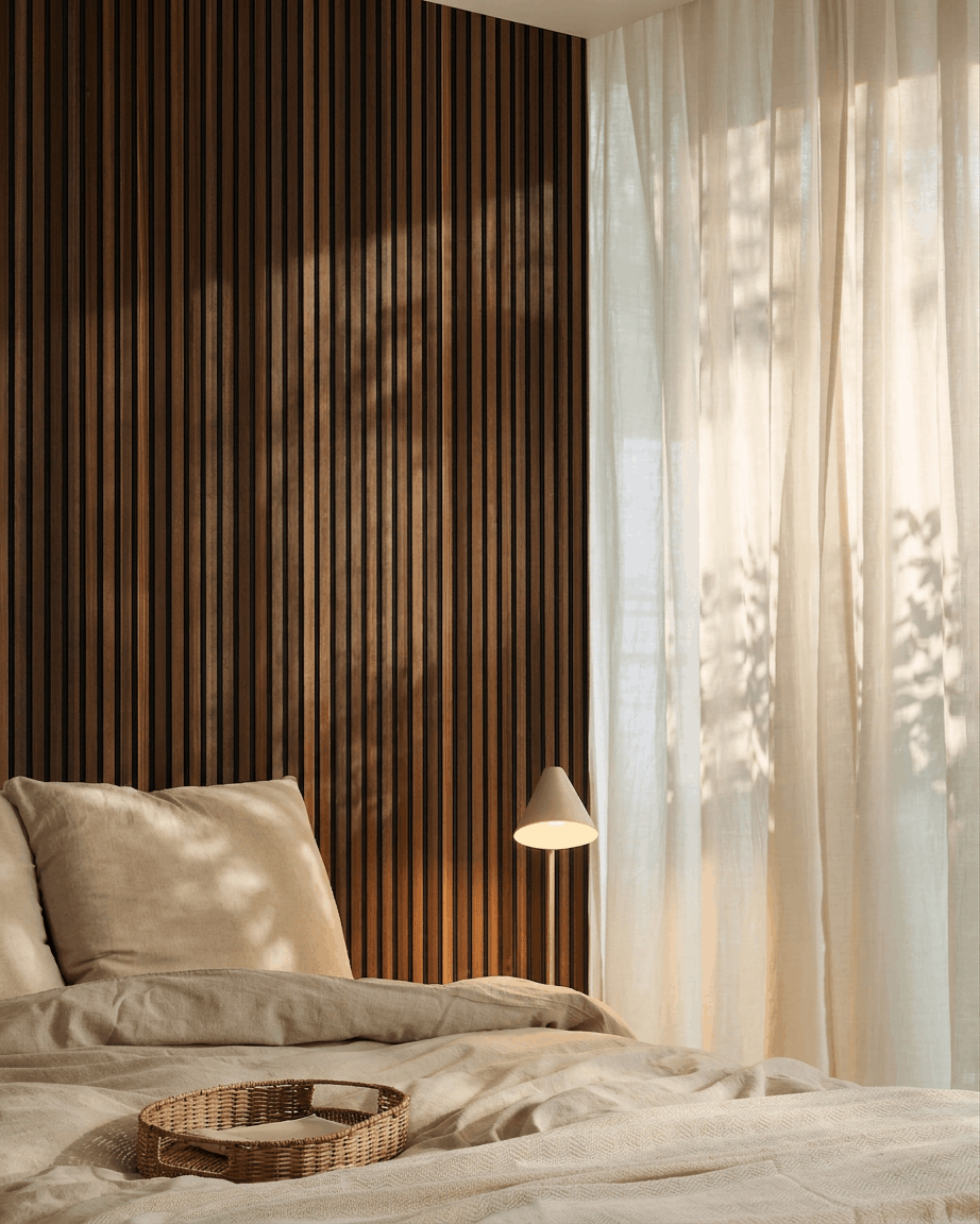 Chambre avec du linge de lit beige, des rideaux voilés et un panneau mural acoustique à lattes WoodUpp Akupanel en mélèze fumé avec feutre black, baigné par la lumière du soleil.