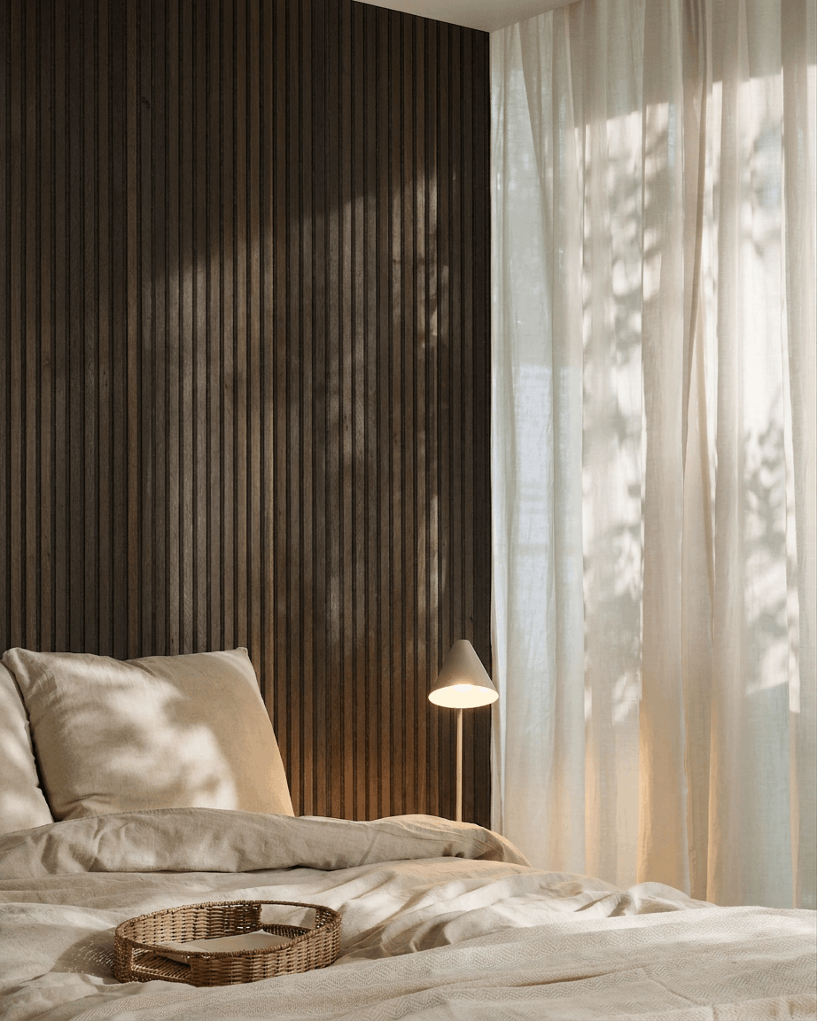 Lit avec linge de lit beige à côté d’un WoodUpp Akupanel en smoked oak rustique, mis en scène avec un plateau en osier, une lampe moderne et des voilages baignés de soleil.