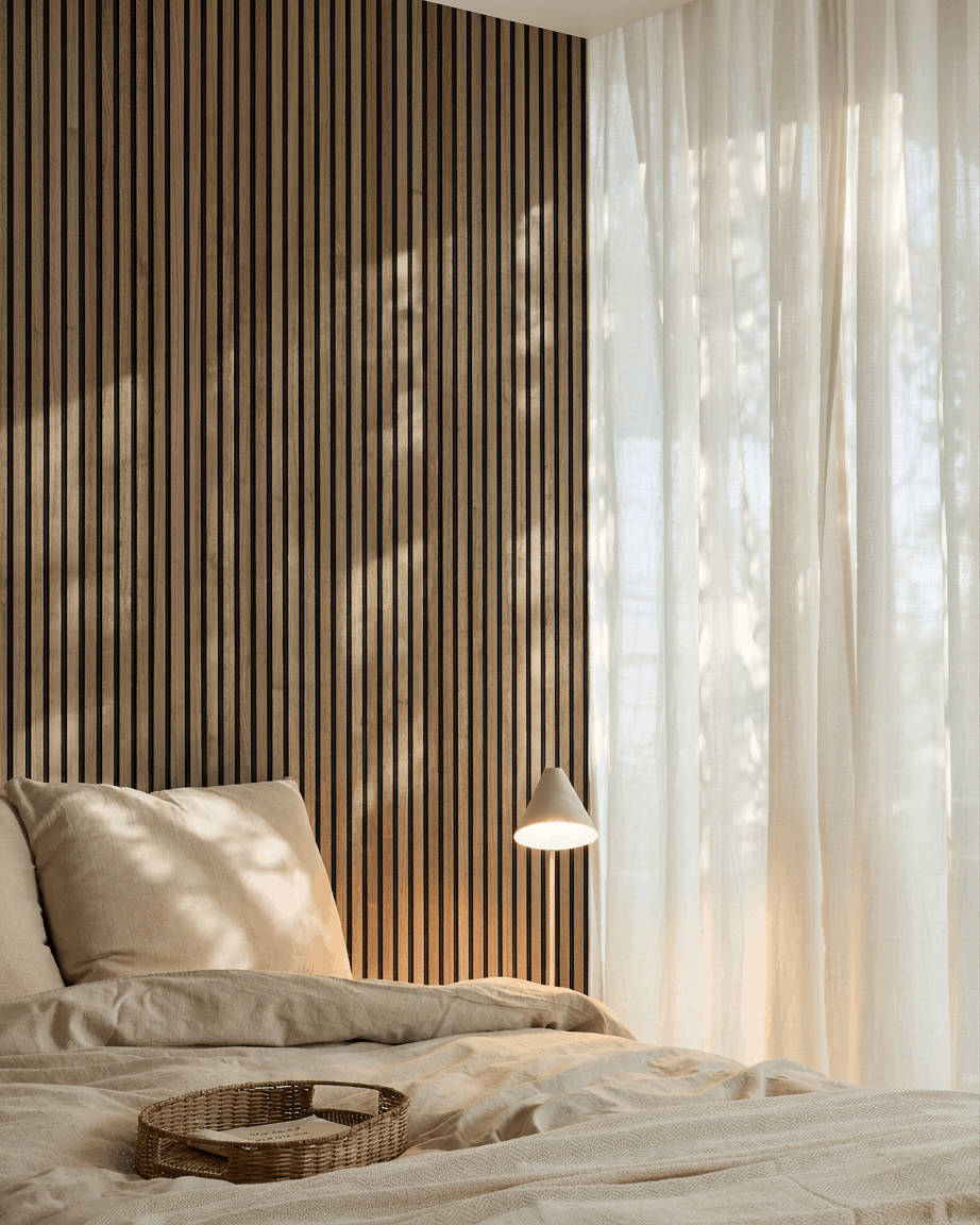 Minimalistisches skandinavisches Schlafzimmer mit einer akustischen Lamellenwand aus Nussbaum von WoodUpp Akupanel, beige Bettwäsche, einem Korbtablett auf dem Bett und transparenten Vorhängen, die weiches Licht filtern.