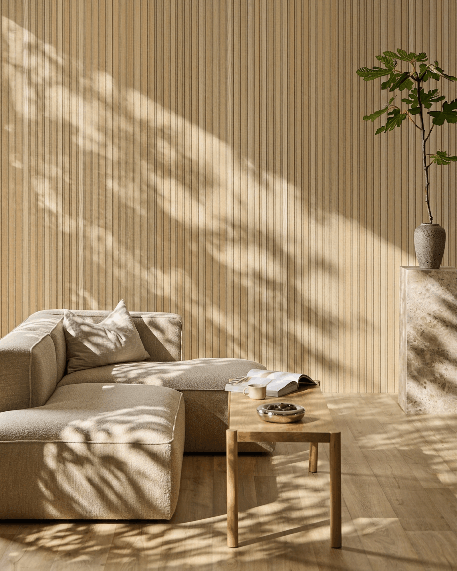 Minimalistisches Wohnzimmer mit einem WoodUpp Akupanel Akustikpaneel in Classic Oak mit Beige Felt, das skandinavischen Stil und akustischen Komfort bietet.